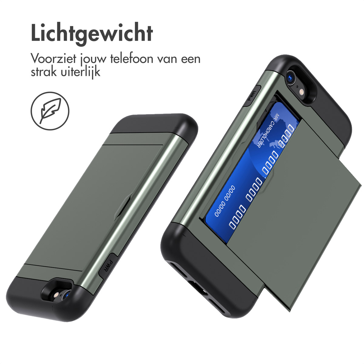 Telefoonhoesje met kaarthouder. Groene hoes met zwarte rand, toont een kaart binnenin.
