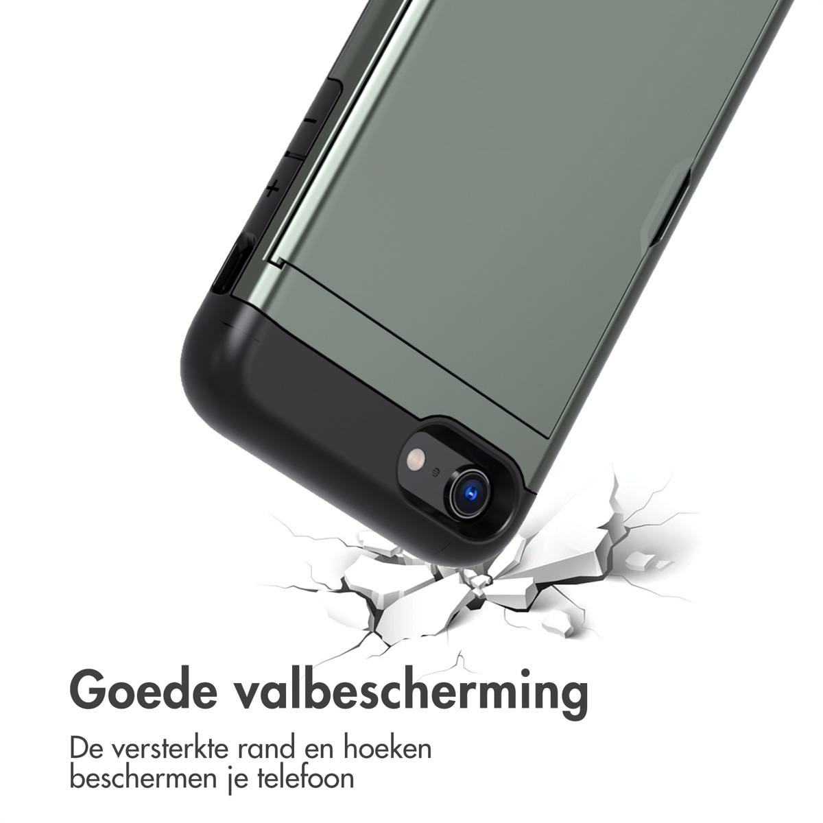 Telefoonhoes in grijs op zwart, scheuren rond de telefoon. Tekst: Goede valbescherming.