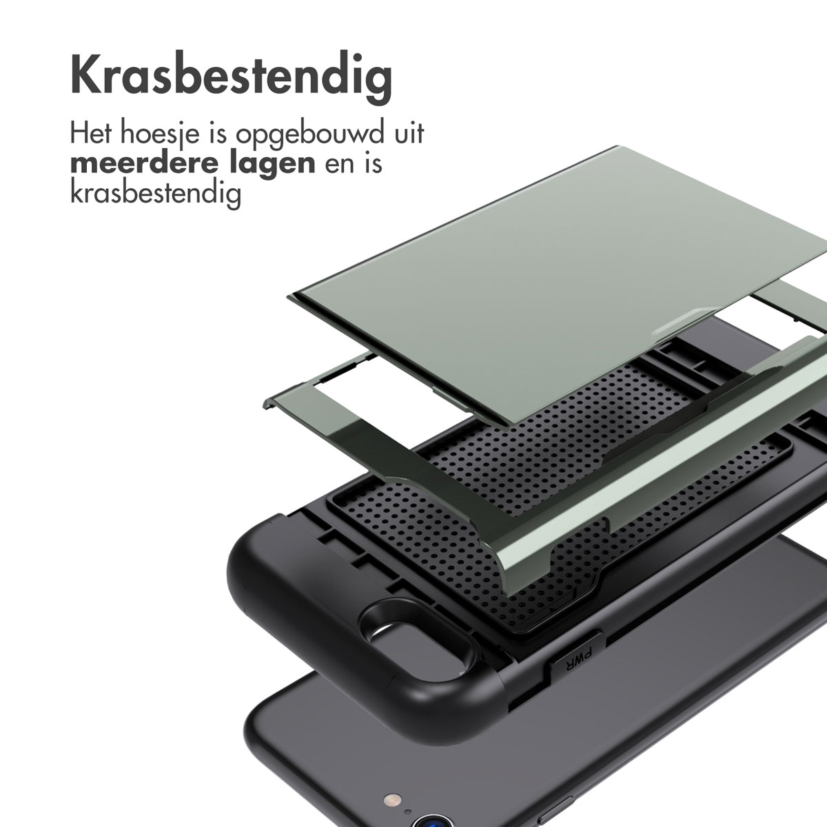 Exploded view van een zwarte telefoonhoes, met meerdere beschermlagen.