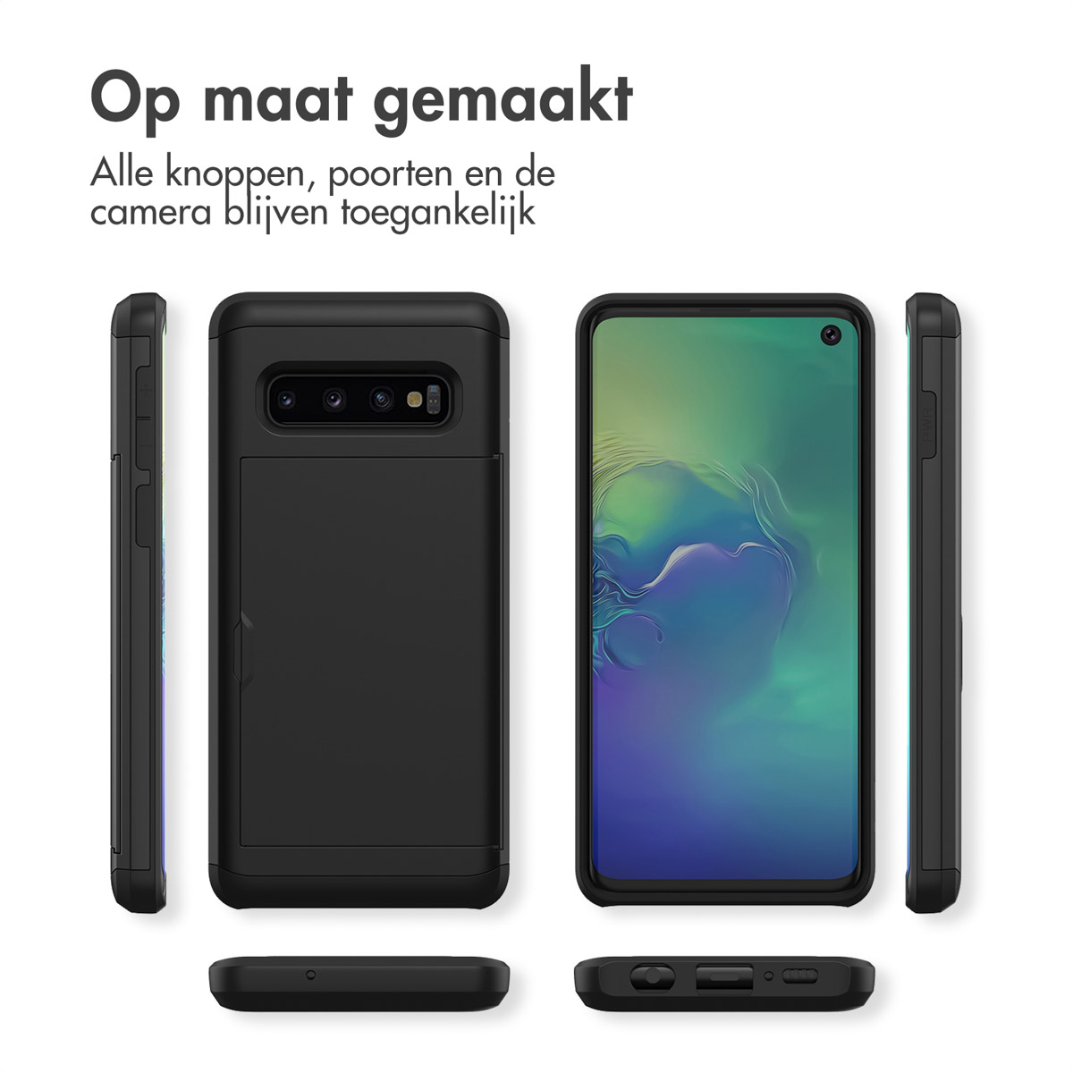 Custodia nera per telefono con vista frontale, posteriore e laterale di uno smartphone, primo piano.