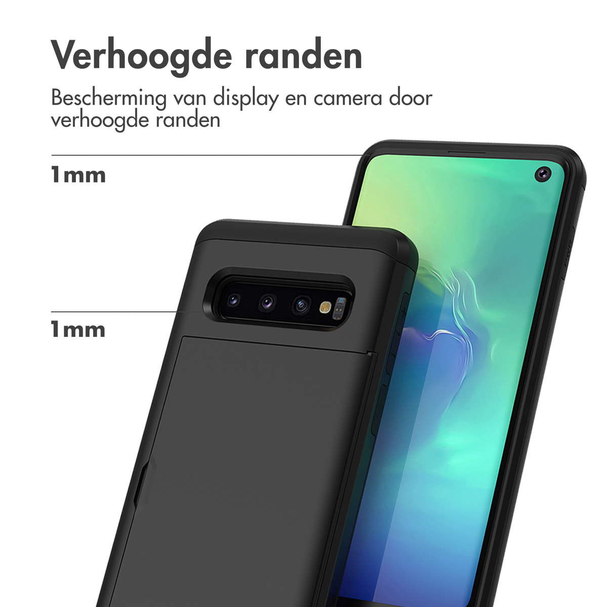 Primo piano di una custodia nera per telefono con bordi rialzati di 1 mm per fotocamera e display.