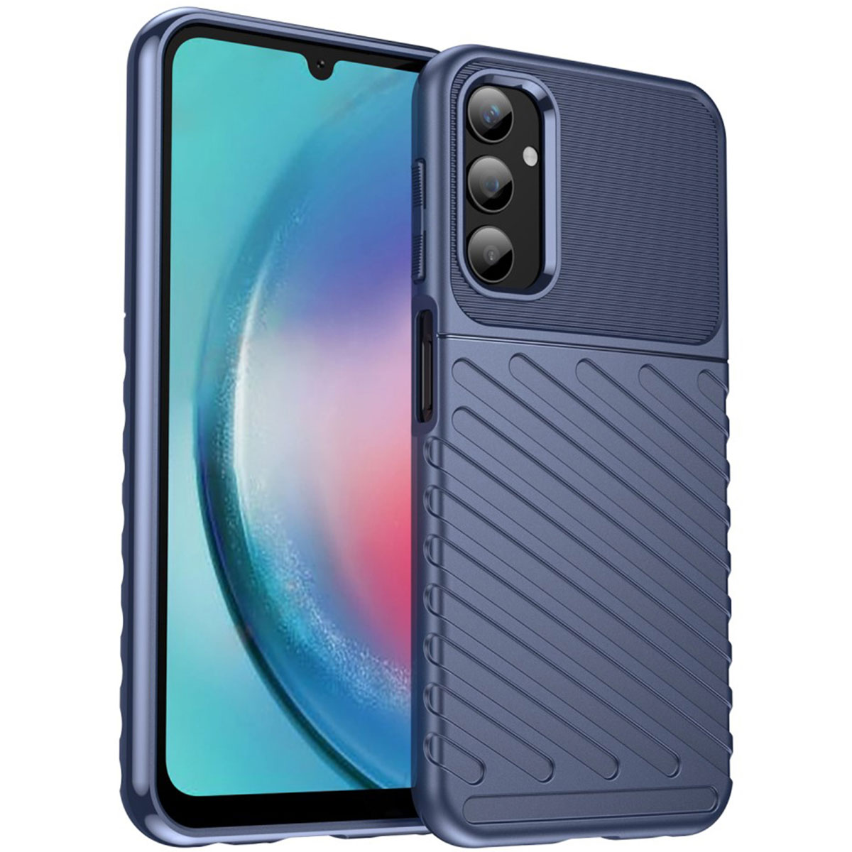 Blauwe telefoonhoes met textuur. Telefoonscherm zichtbaar.