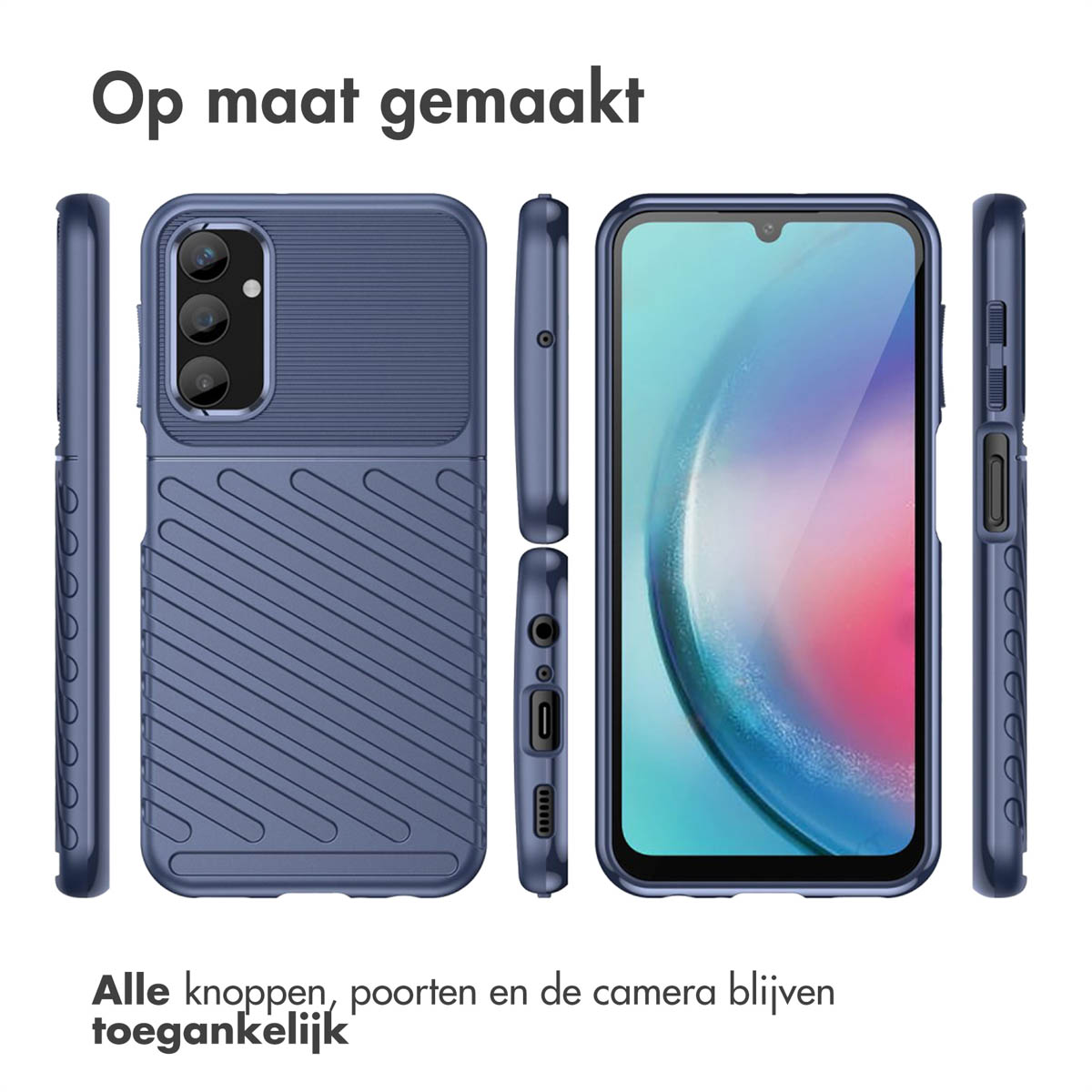Meerdere weergaven van een donkerblauwe telefoonhoes met een getextureerde achterkant en een telefoondisplay.