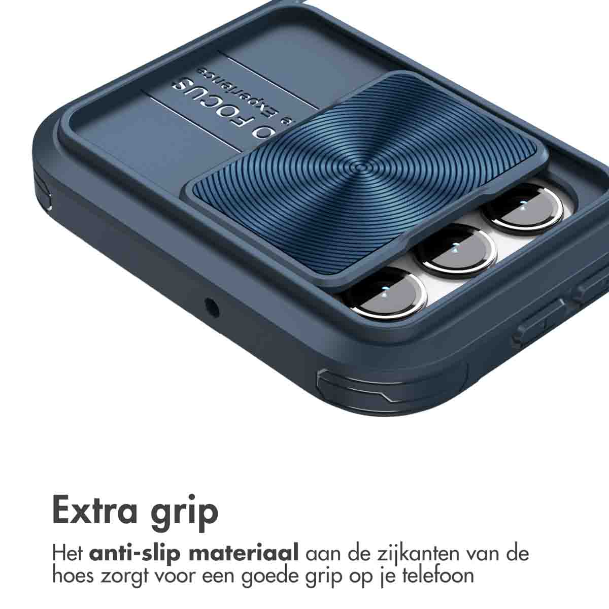 Nahaufnahme einer blauen Handyhülle mit einer Schiebeabdeckung für die Kamera. Die Handyhülle ist blau.