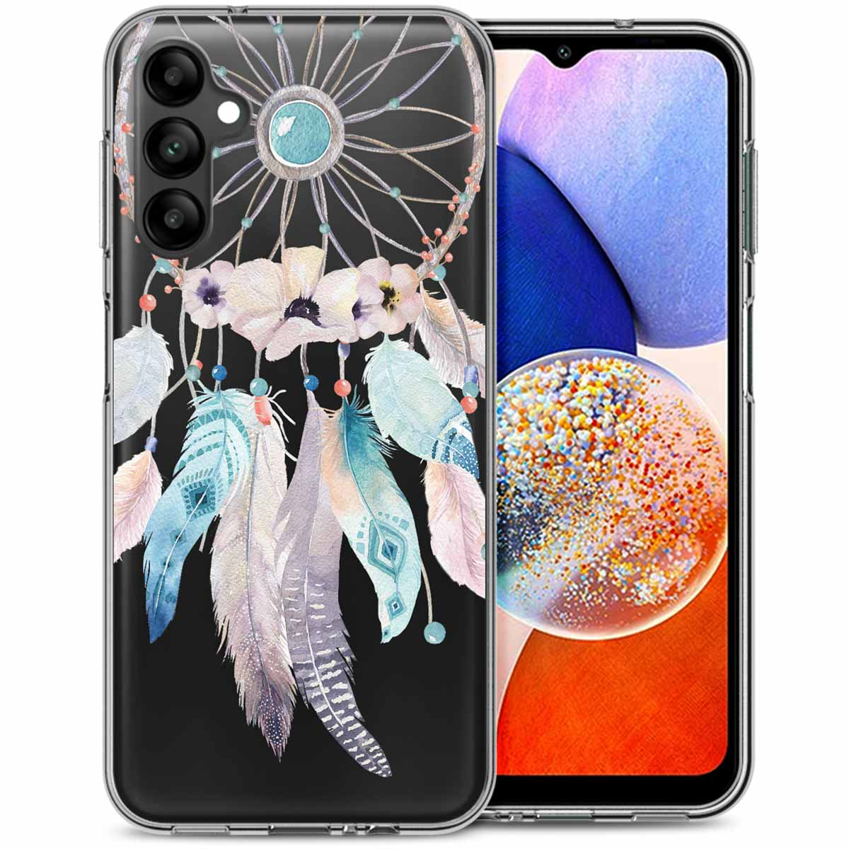 Un téléphone dans un étui transparent avec un motif attrape-rêves. Le téléphone est sur fond blanc, avec un deuxième téléphone.