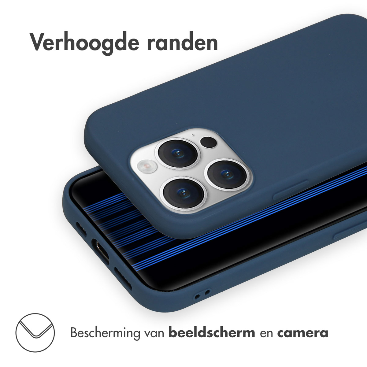 Blauwe telefoonhoes op witte ondergrond. Nederlandse tekst. De hoes bedekt scherm en camera.