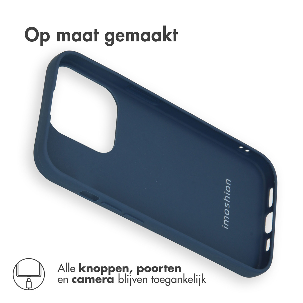 Blauwe telefoonhoes op witte ondergrond. Nederlandse tekst. Er staat imoshion op.