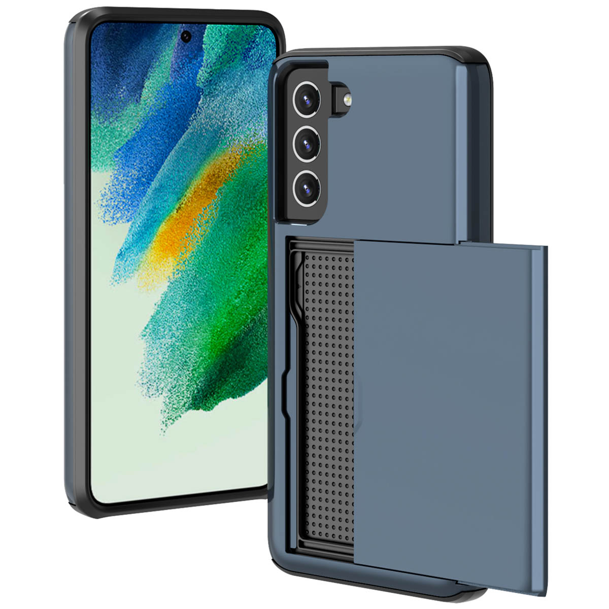 Blauwe telefoonhoes met telefoon erin. De hoes heeft een kaartsleuf. Zwarte telefoon. Witte achtergrond.