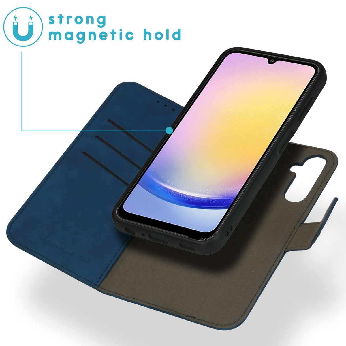 Telefoon in blauwe leren wallet case. Tekst: Sterke magnetische sluiting.