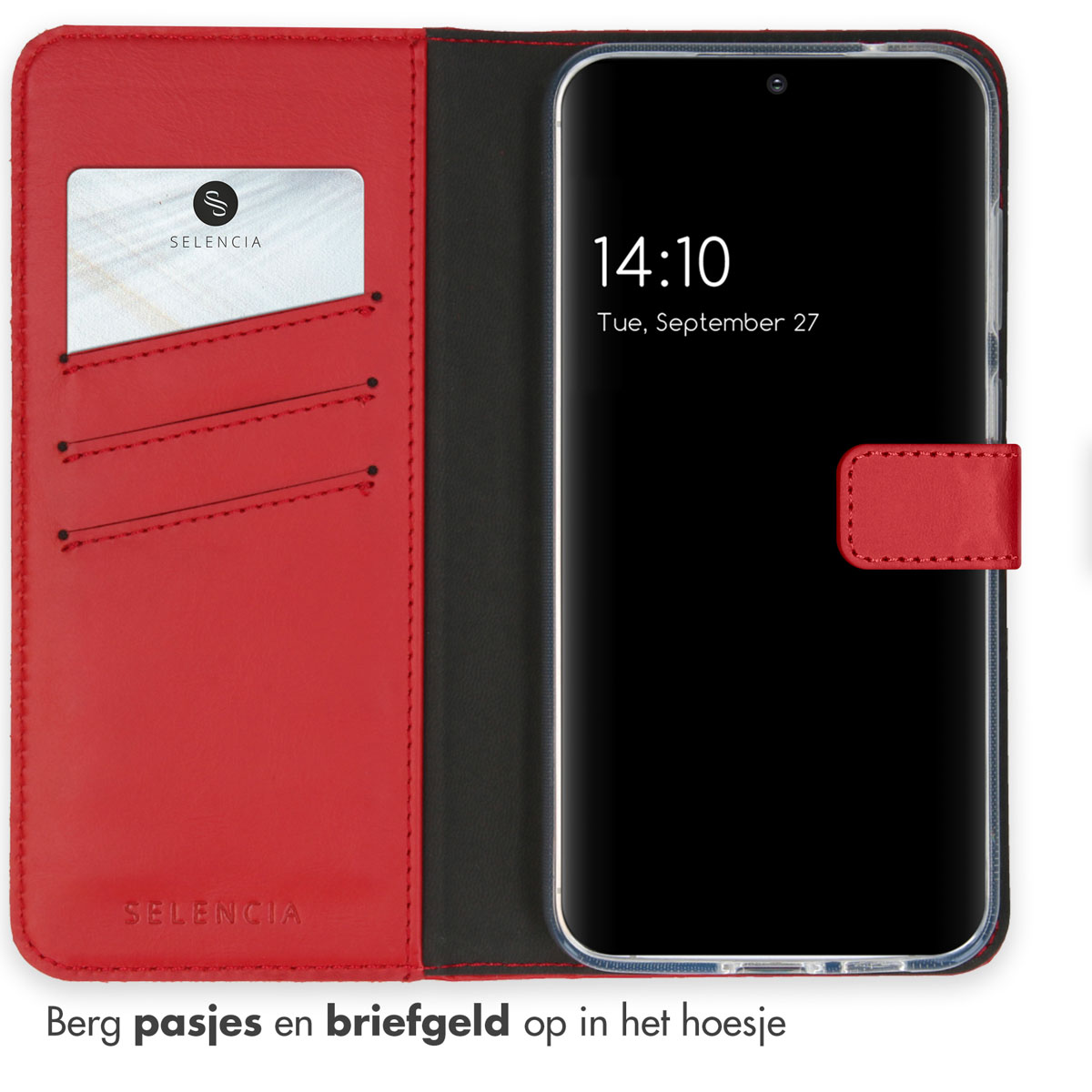 Rode leren telefoonhoes open, met een telefoon met de tijd en datum op het scherm.