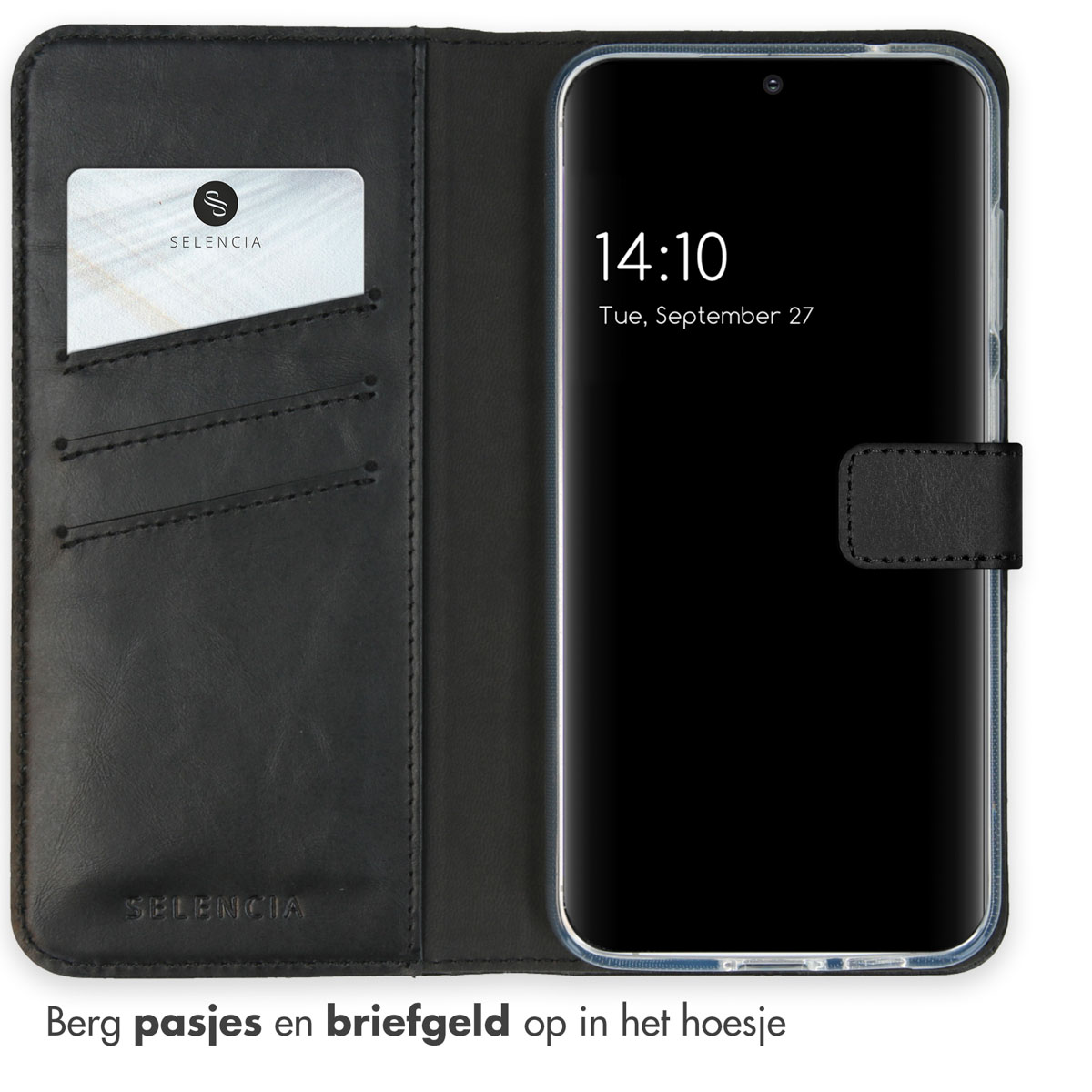 Een zwarte telefoonhoes met een portemonnee-ontwerp. De hoes heeft kaartsleuven en staat op een witte achtergrond.