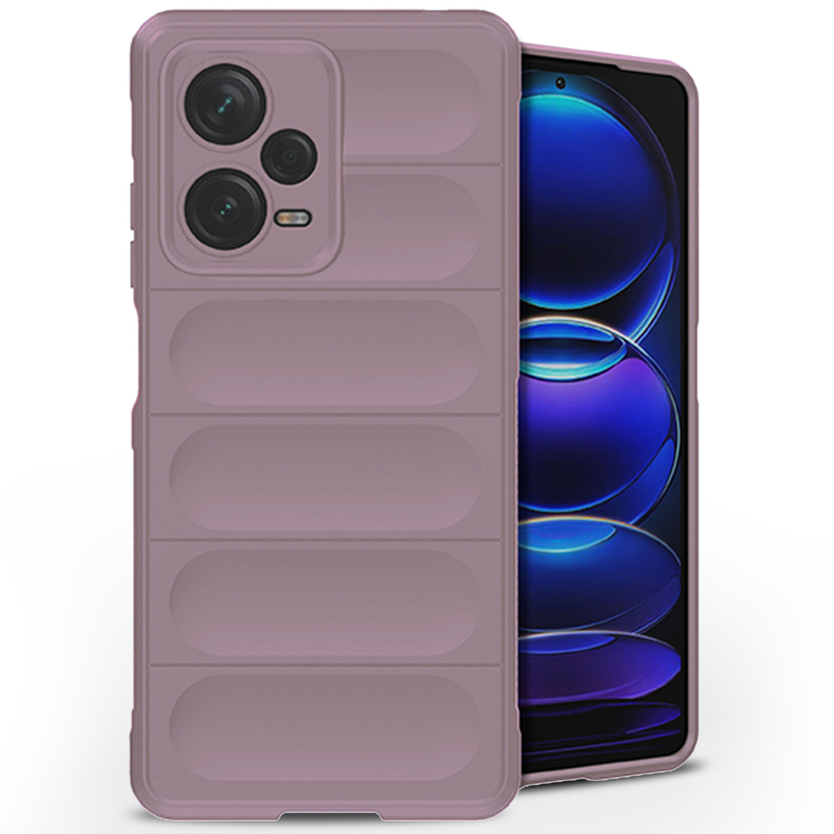 Coque mauve avec téléphone dedans. Coque avec rainures verticales et découpes pour caméra et ports, écran visible.