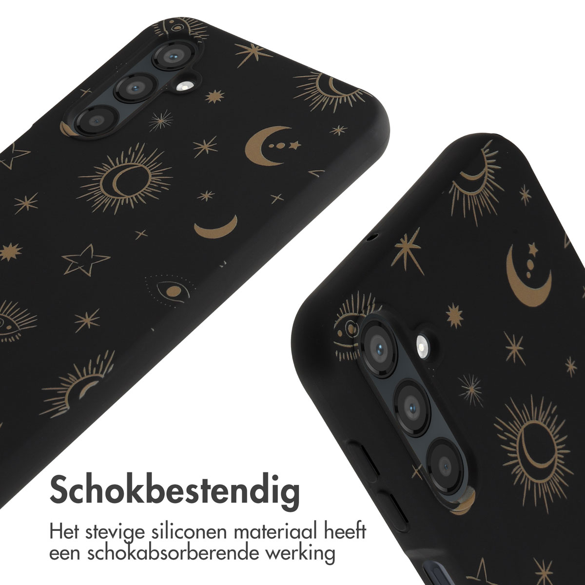 Zwarte telefoonhoes met gouden zon-, maan- en sterpatronen.