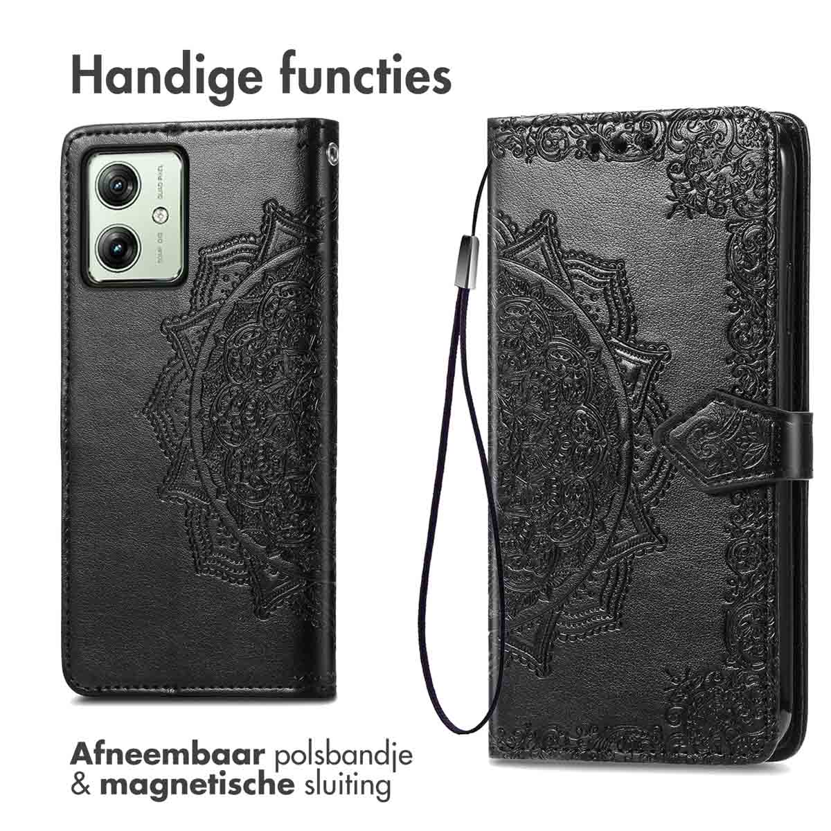 Zwarte telefoonhoes met mandala-ontwerp, open en dicht getoond, met een afneembare polsband.