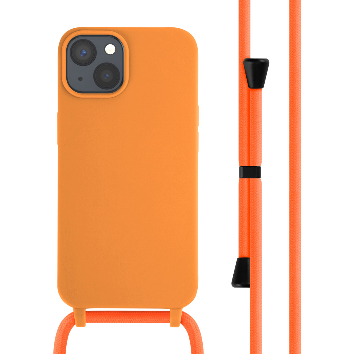 Orangefarbene Handyhülle mit orangefarbenem Lanyard. Die Handyhülle hat ein passendes Design.