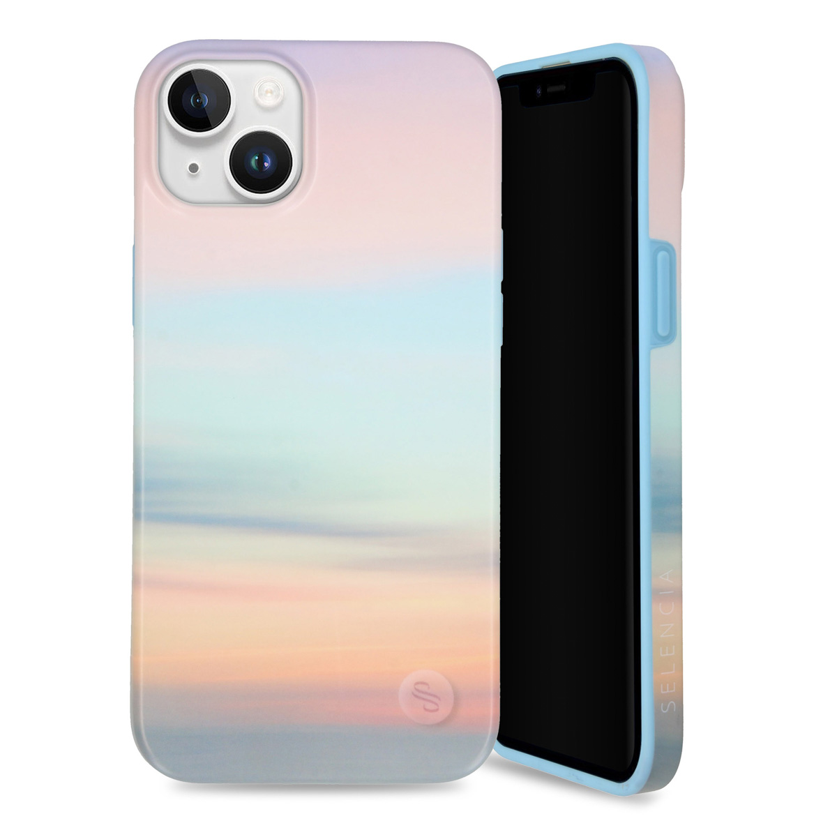 Coque de téléphone avec un design de coucher de soleil et un téléphone avec écran noir.