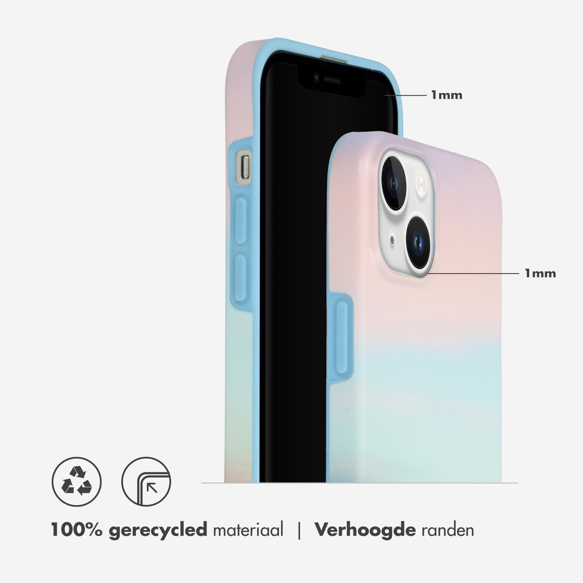 Deux coques de téléphone dégradées, une sur un téléphone. 1mm indiqué.