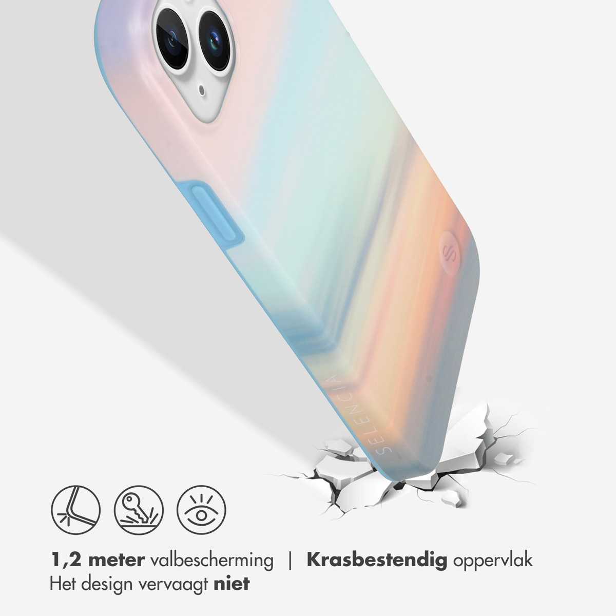 Coque de téléphone aux couleurs dégradées, tombant sur une surface fissurée. Marque SELENCIA.