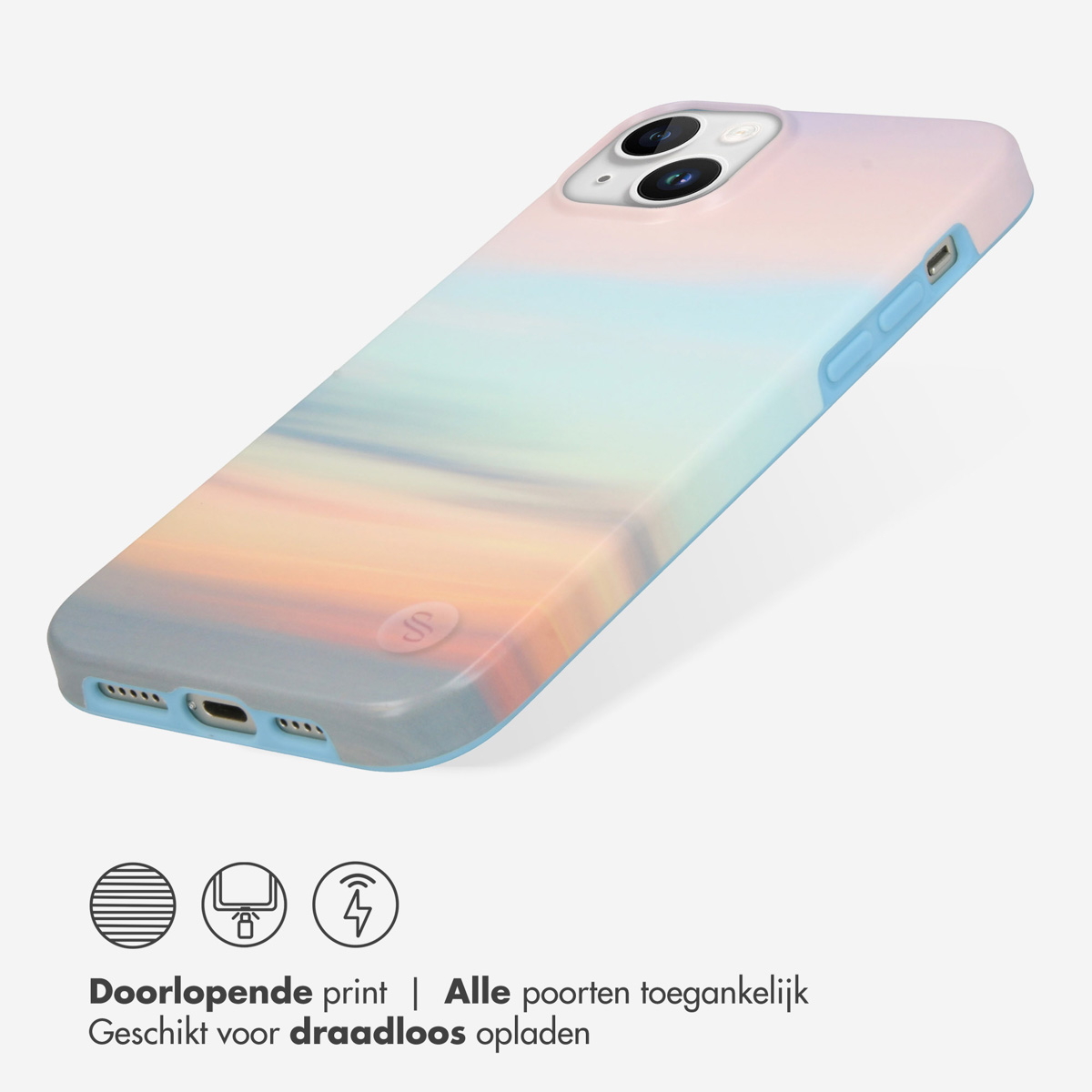 Coque de téléphone avec motif coucher de soleil, avec des teintes bleues et roses, sur une surface blanche, avec des icônes.
