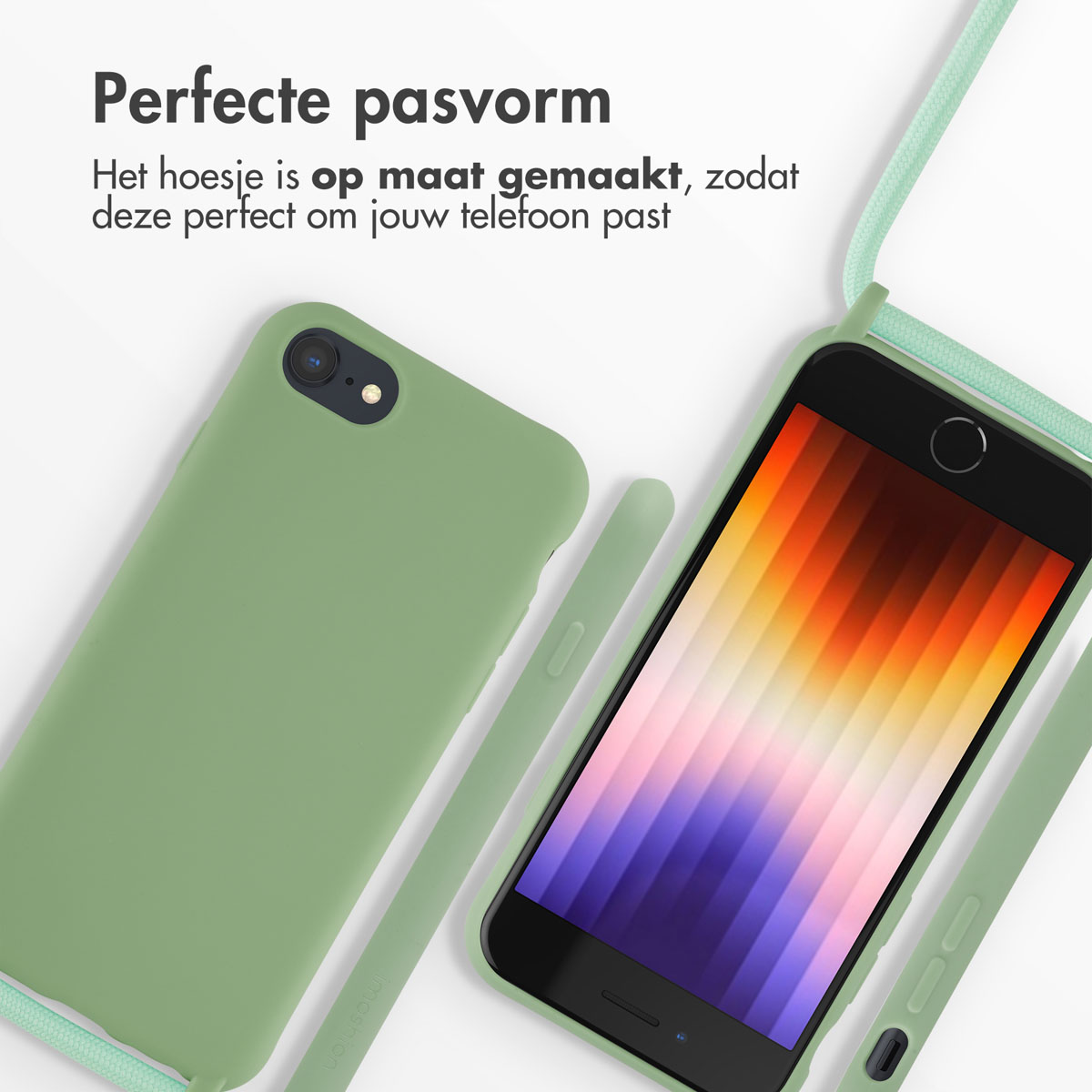 Coque de téléphone verte avec dragonne assortie, un côté montre le dos, l'autre le devant.