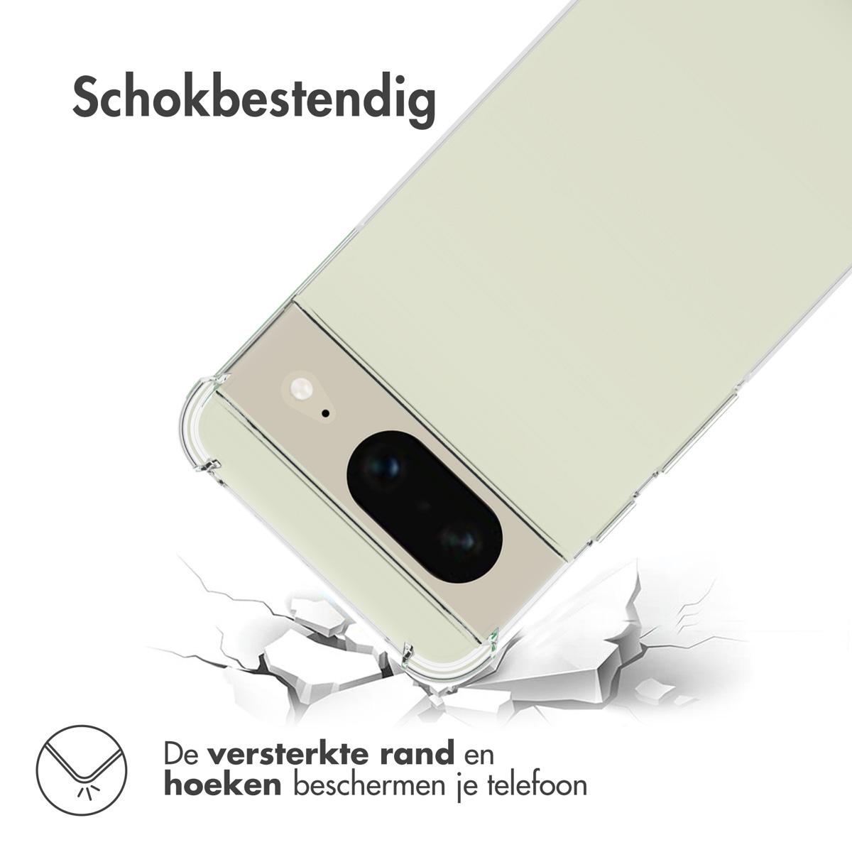 Un téléphone est dans un étui transparent. L'étui est sur une surface blanche. La surface est fissurée.