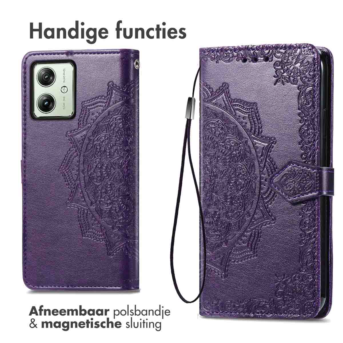 Paarse telefoonhoes met mandala patroon en polsbandje.