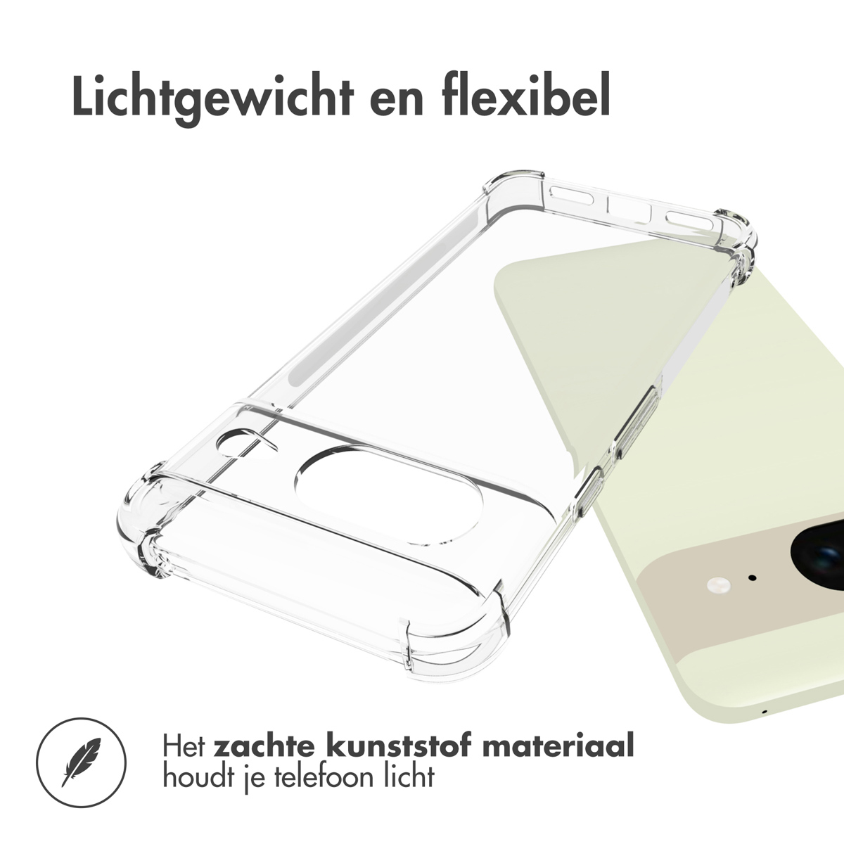 Coque de téléphone transparente avec un téléphone à l'intérieur et du texte en haut et en bas.