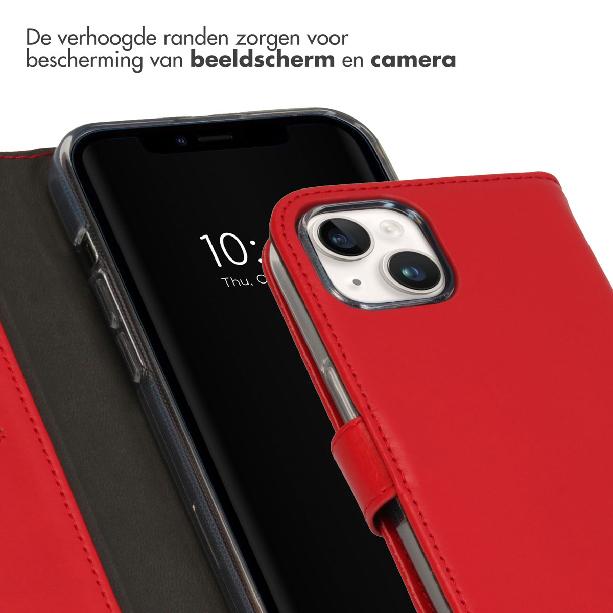 A red leather case with a smartphone, protecting the camera lens and screen.