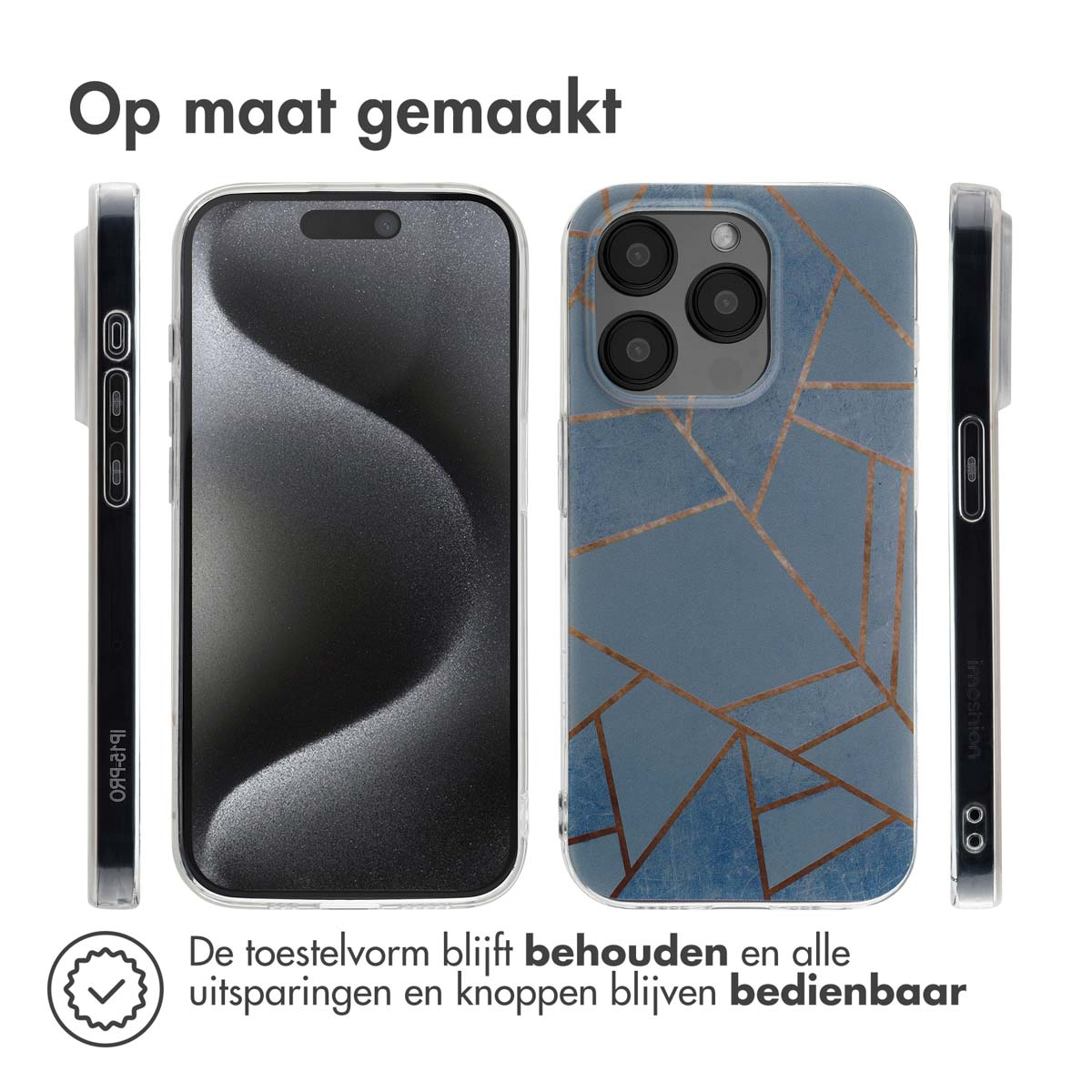 Drie telefoonhoesjes: één effen, één met een geometrisch patroon en twee die de zijkanten laten zien. Tekst: 'Op maat gemaakt'.