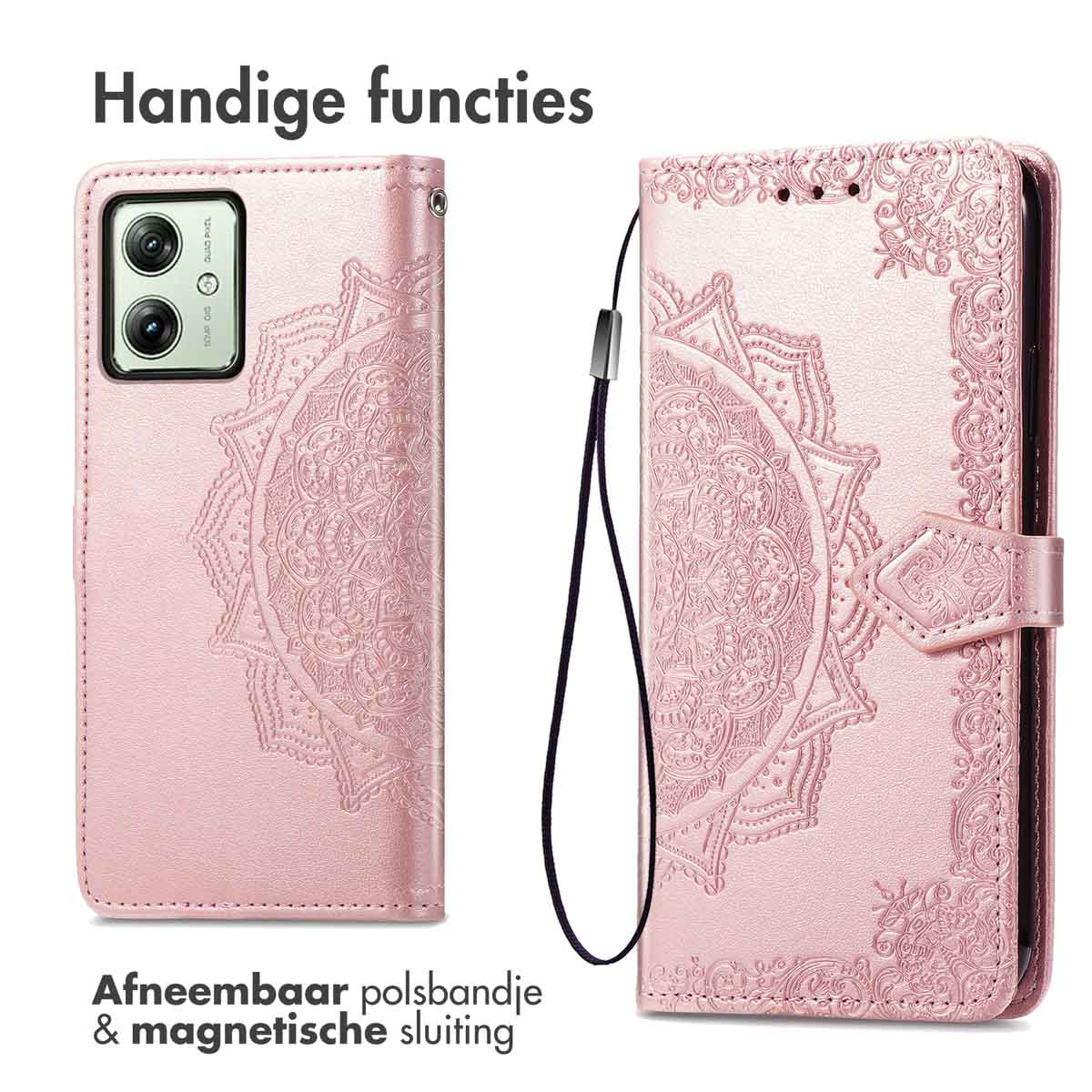 Een roze telefoonhoes met reliëf mandala, afneembare riem en magnetische sluiting.