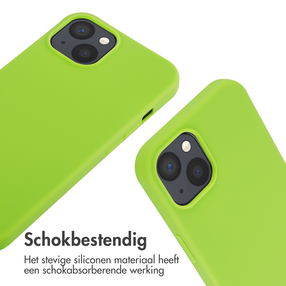 Deux coques de téléphone vert néon avec modules caméra sur fond blanc.