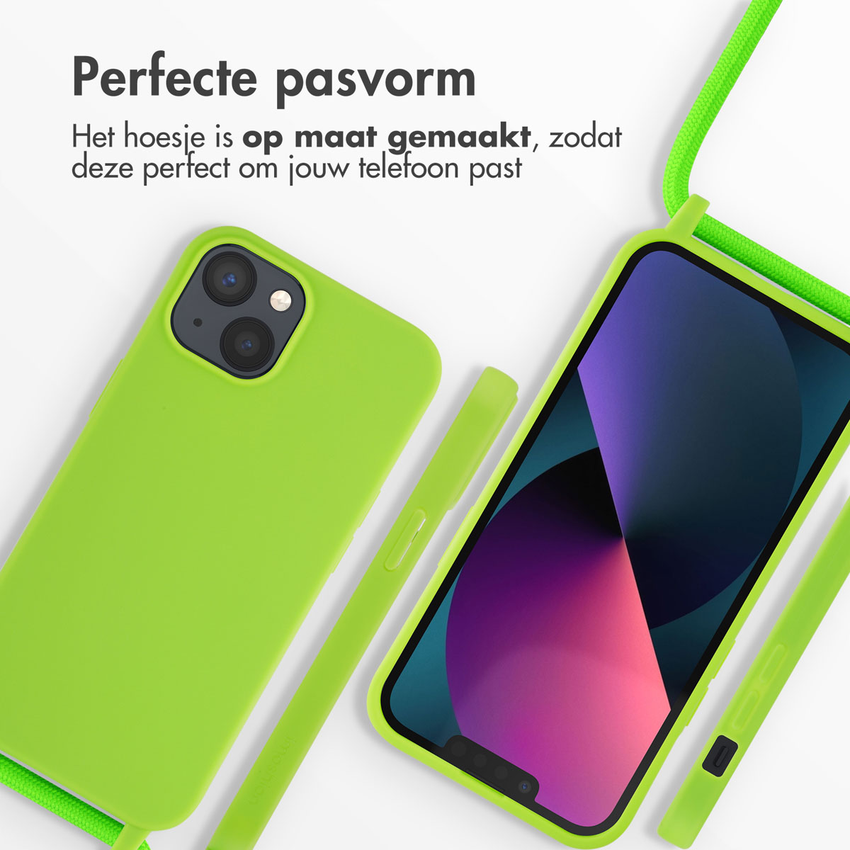 Coque verte pour iPhone avec lanière et un iPhone affichant un fond d'écran violet et bleu.