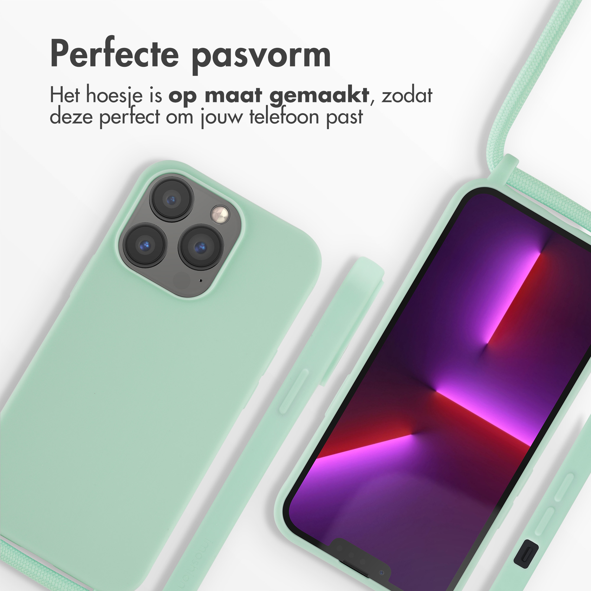Coque de téléphone vert menthe avec cordon et téléphone à écran violet.