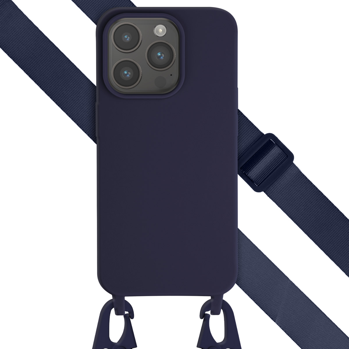 Coque de téléphone bleu marine avec une sangle. La coque a un téléphone à l'intérieur. La sangle est fixée par des crochets. Fond blanc.