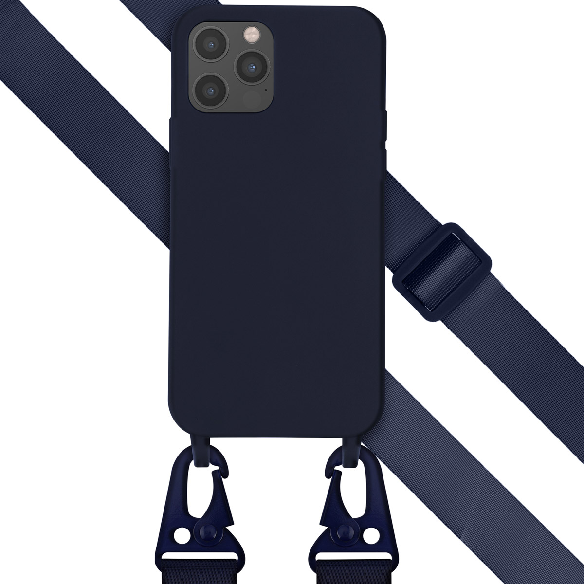 Un étui de téléphone bleu foncé avec une sangle. La sangle a deux clips.