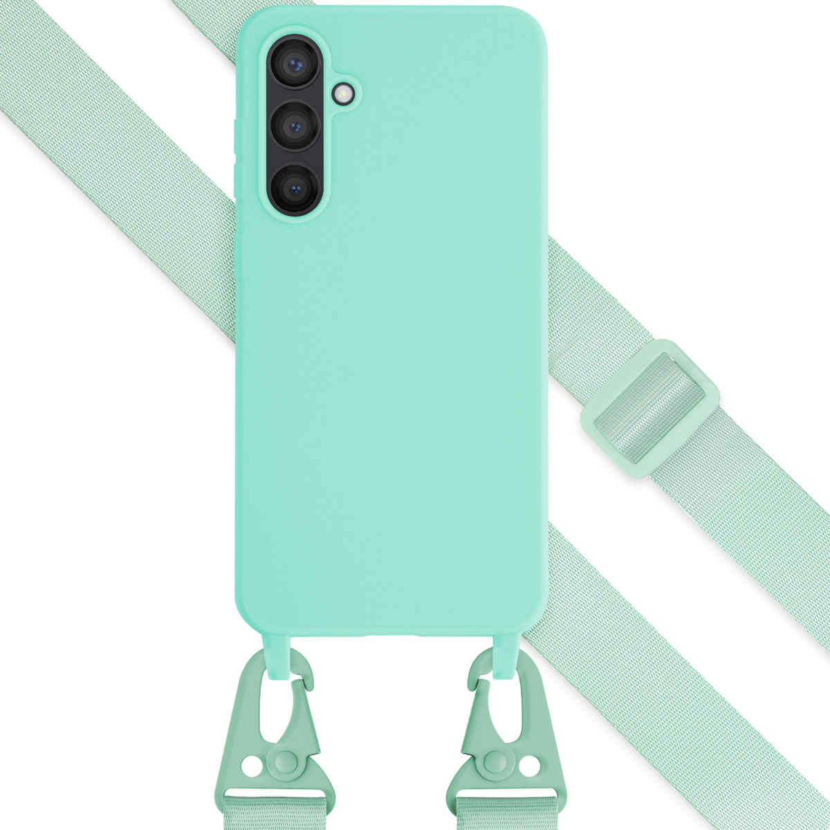 Coque de téléphone vert menthe avec une sangle assortie. La coque est unie. La sangle est fixée avec des clips.