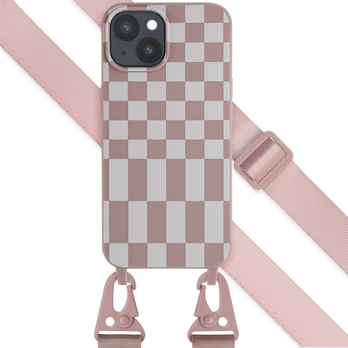 Une coque de téléphone à carreaux roses avec une sangle et des clips roses. Fond blanc.