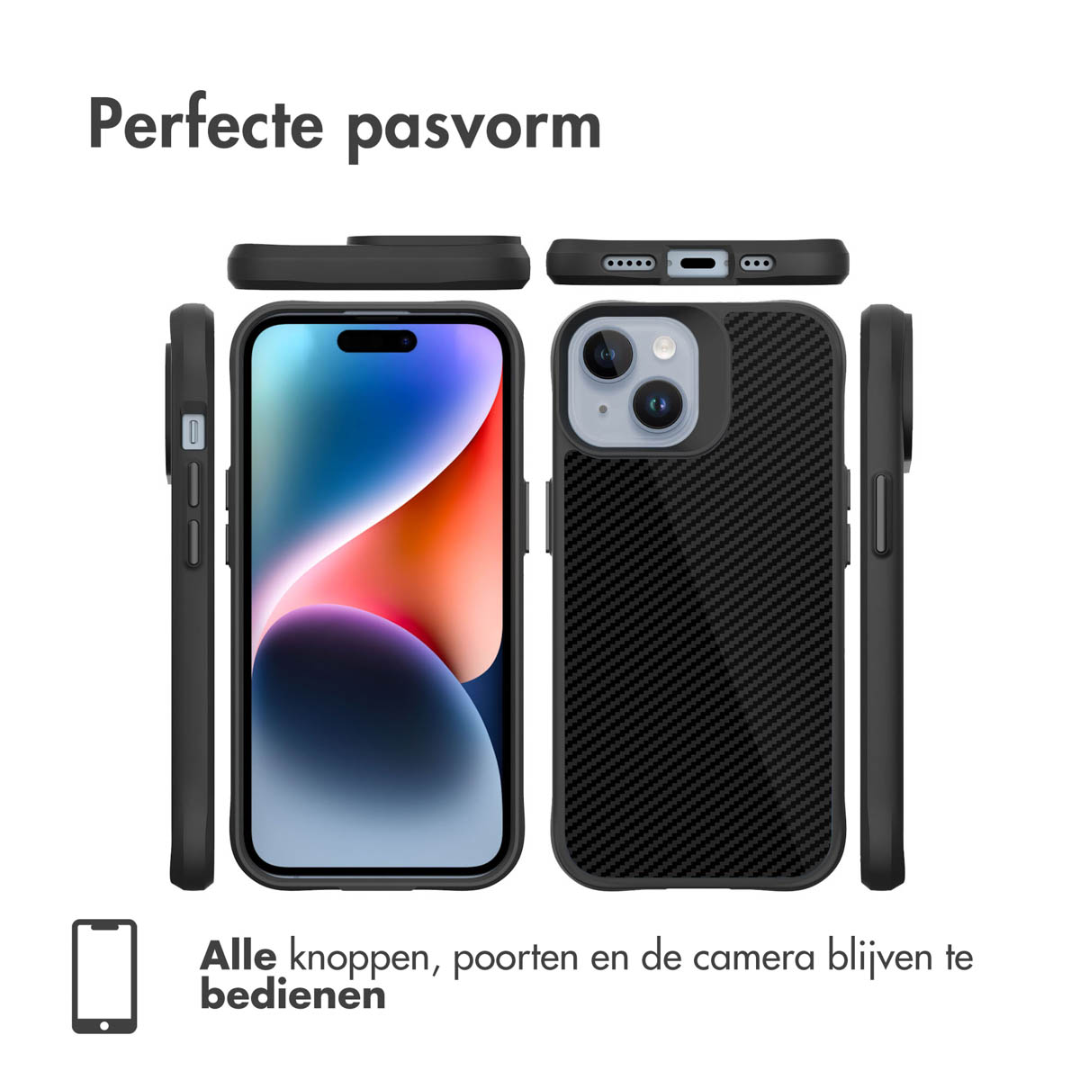 Plusieurs vues d'une coque de téléphone noire avec texture fibre de carbone, montrant le téléphone à l'intérieur.