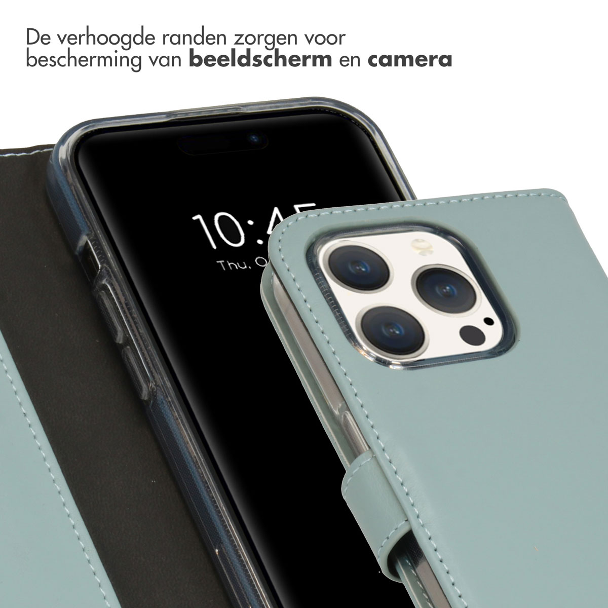 Custodia blu con schermo del telefono visibile. Sfondo azzurro.