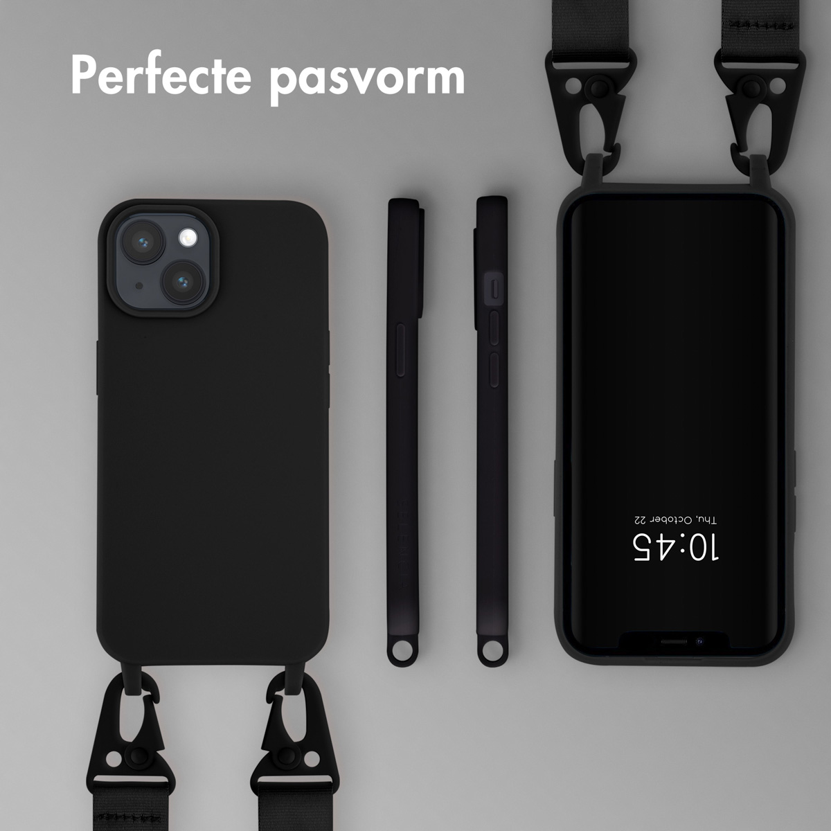 Three black phone cases and one smartphone with lanyard on a gray background.