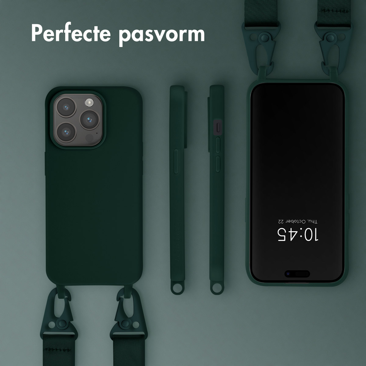 Coque de téléphone vert foncé avec trois caméras, deux vues latérales et un téléphone avec lanière.
