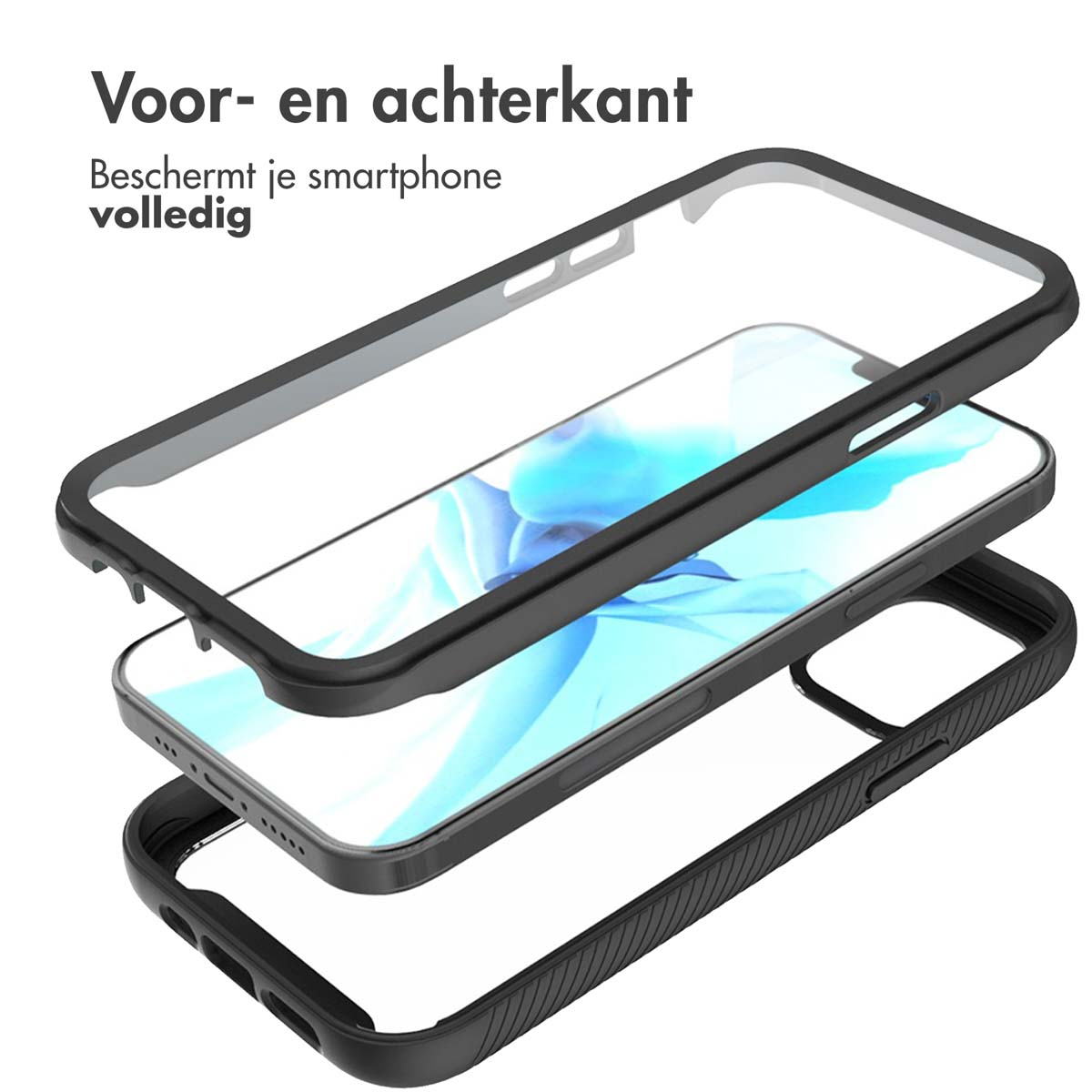 Un smartphone avec une coque de protection transparente en trois parties.
