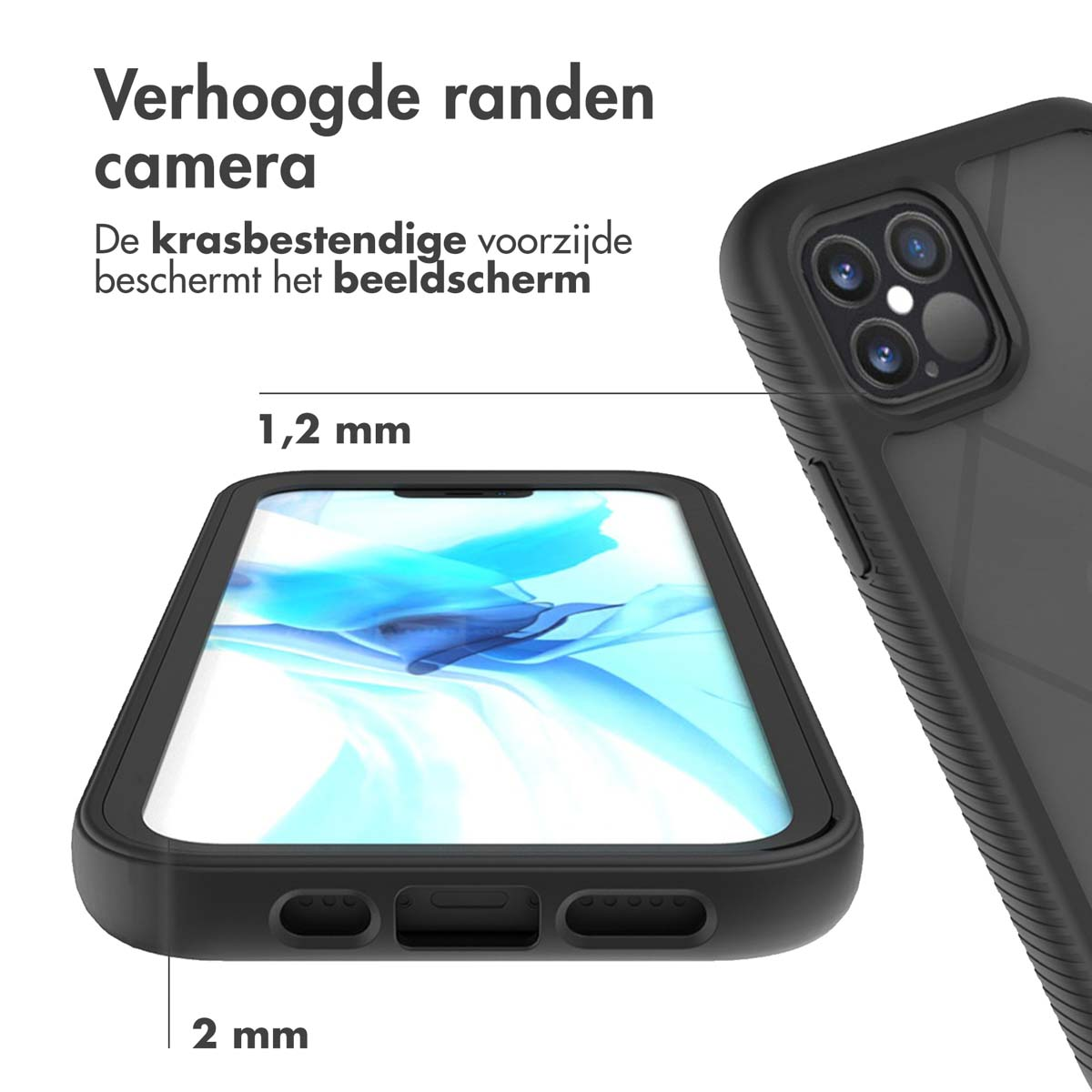 Coque de téléphone noire avec bords surélevés pour appareil photo et écran.