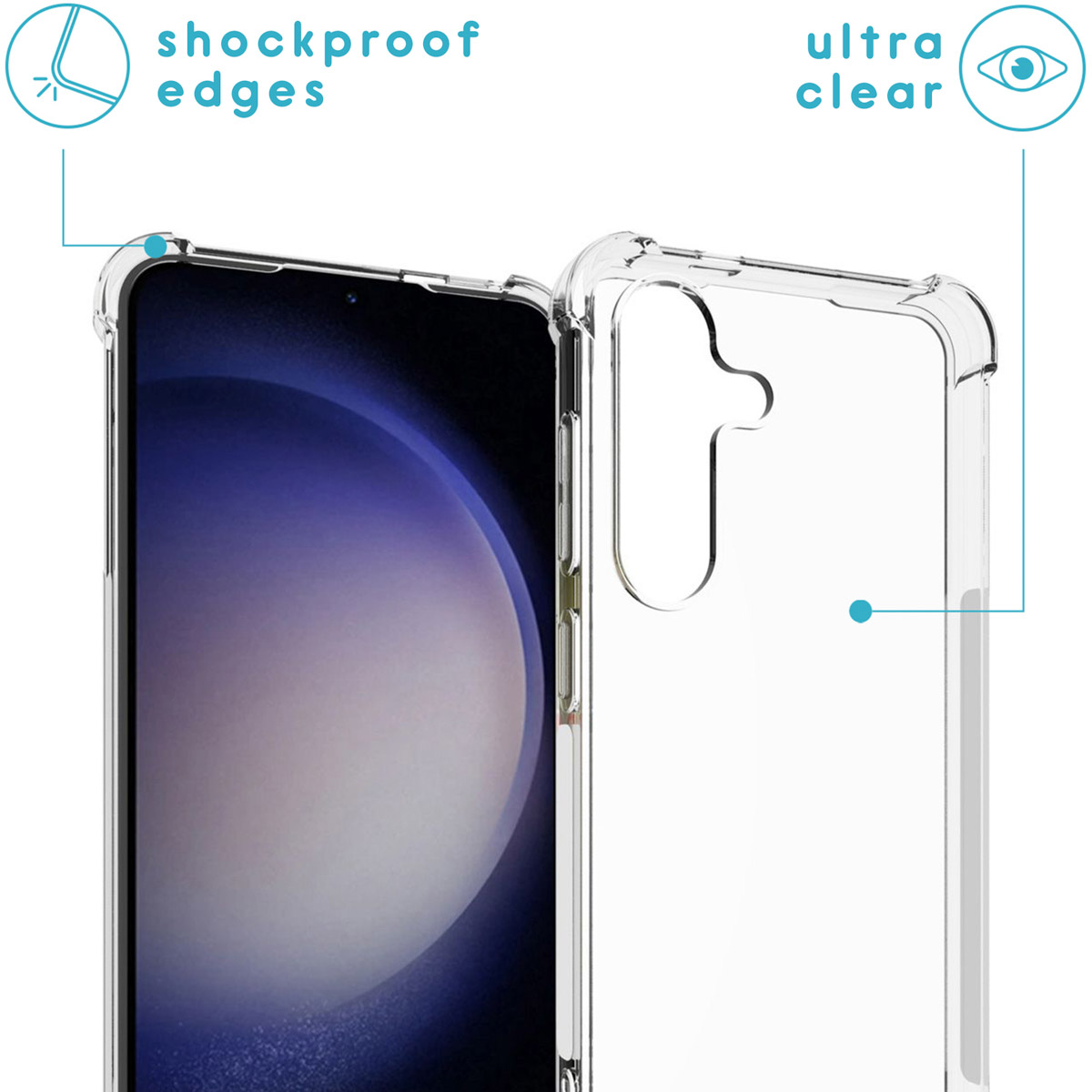 Een telefoon in een doorzichtige hoes met schokbestendige randen. De telefoon staat op een witte achtergrond met een ultra-helder zicht.