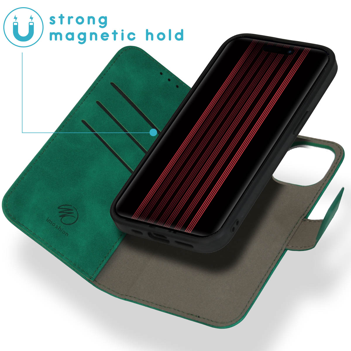 Green phone case with magnetic closure and card slots. Red stripes on the screen.