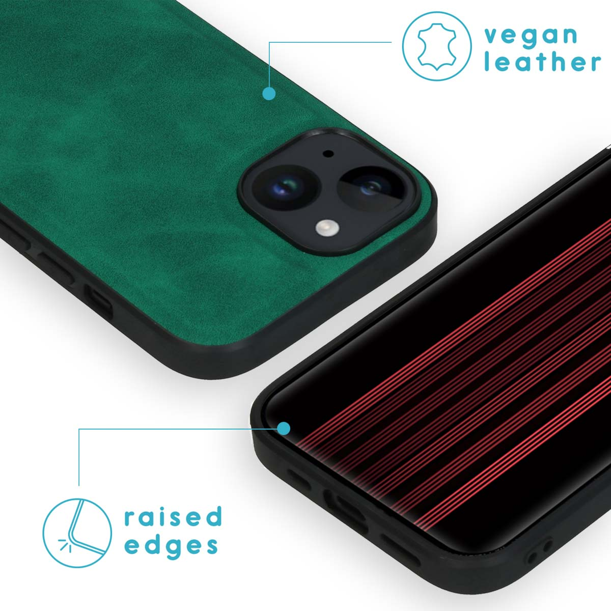 Green vegan leather phone case with raised edges and dual cameras.