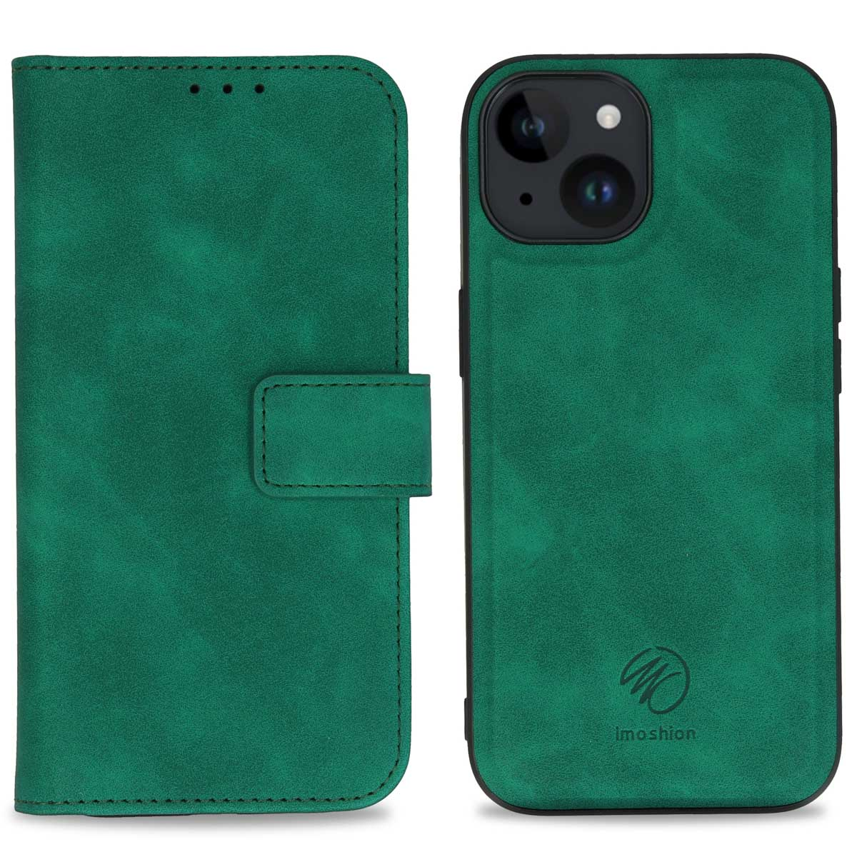 Green phone case with flip cover and camera cutout. Logo at bottom.