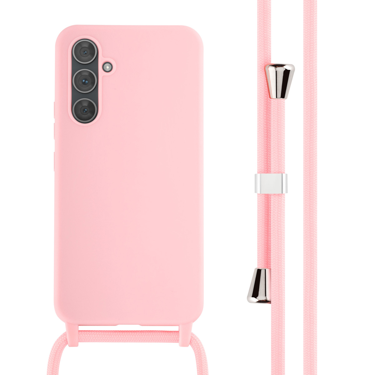 Een roze telefoonhoesje met een roze bandje. Het bandje zit naast de telefoon.