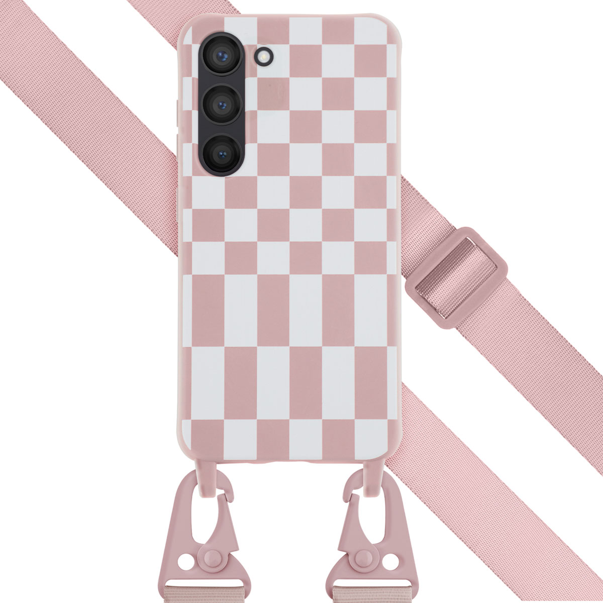 Coque à carreaux roses et blancs avec sangle rose. La sangle a une boucle et des clips.