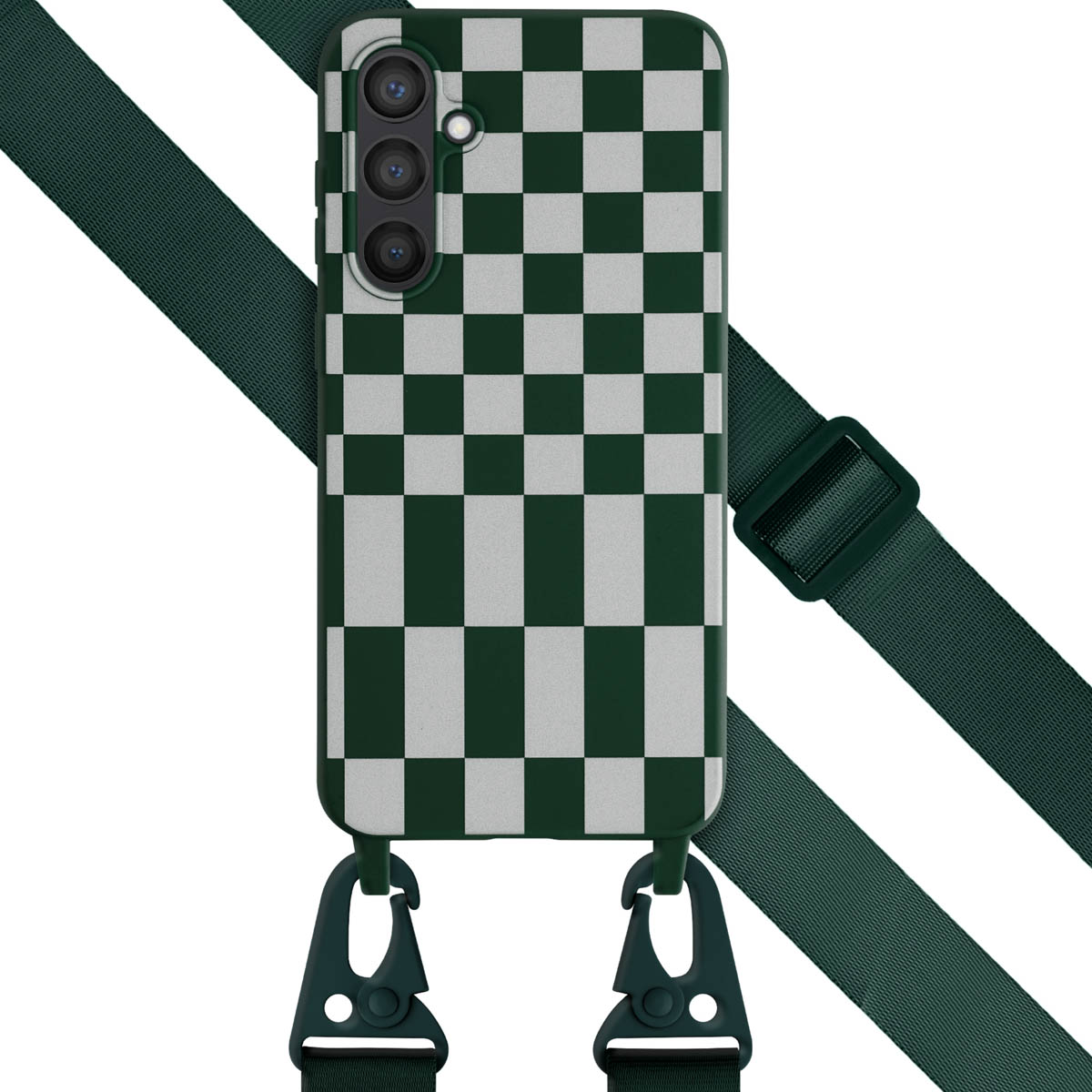 Een telefoonhoesje met een dambordpatroon en een bandje. De band heeft twee clips.